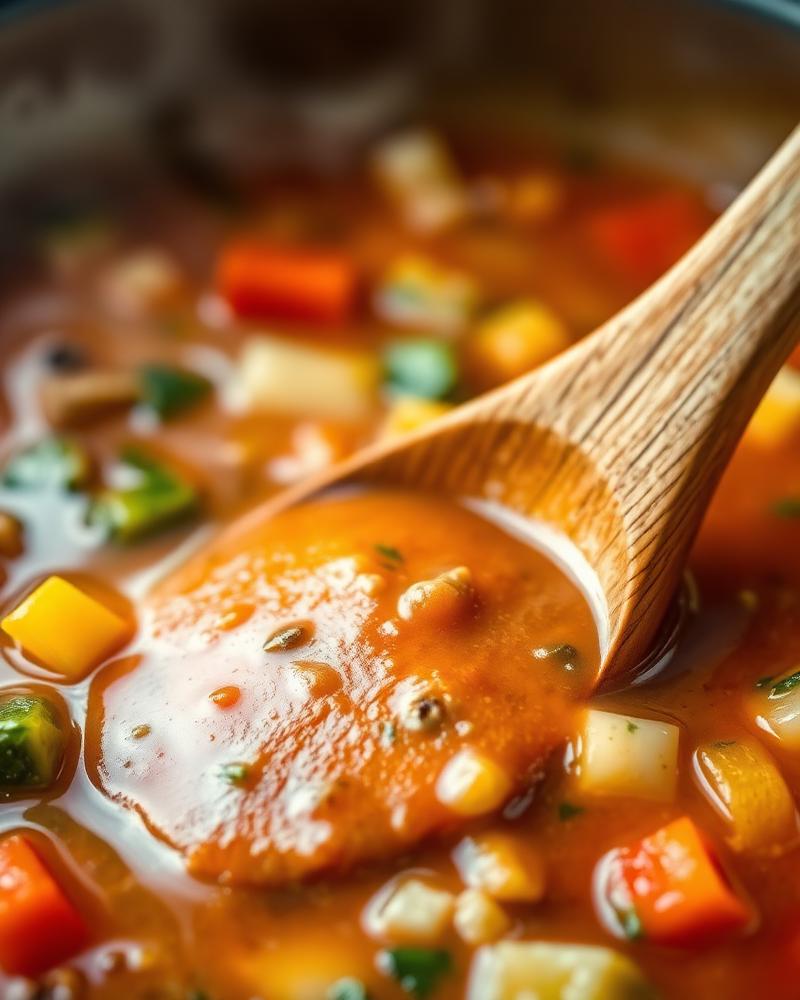 Colher de madeira mexendo um guisado de legumes